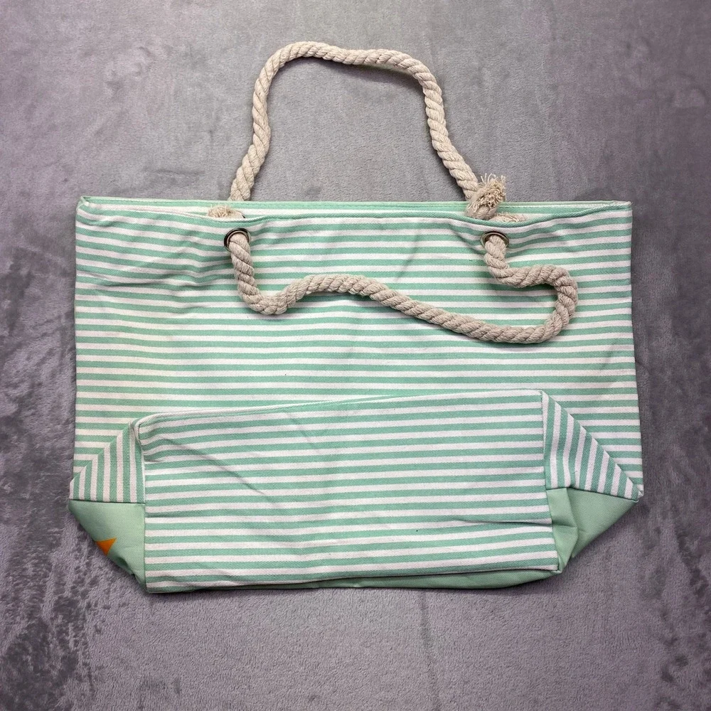 Light Green Striped Beach Tote‎ Bag Mermaid Off Duty Nautical Rope Handles NEW